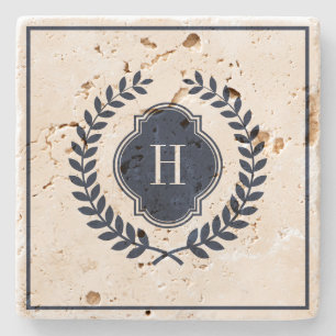 Dessous-de-verre En Pierre Crête, cadre et monogramme bleu foncé