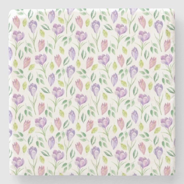 Dessous-de-verre En Pierre Crocus Motif Aquarelle blanche (Devant)