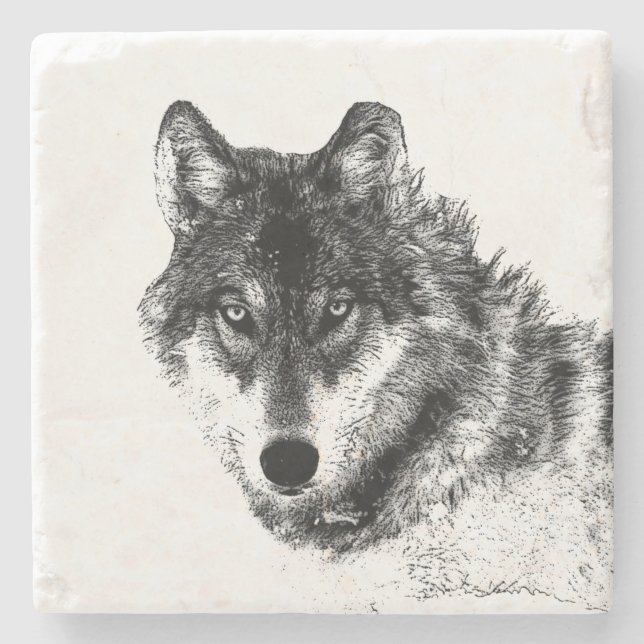 Dessous-de-verre En Pierre Croquis de loup gris (Devant)