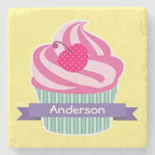 Dessous-de-verre En Pierre Cupcake rose personnalisé avec cerise Pointe Polka