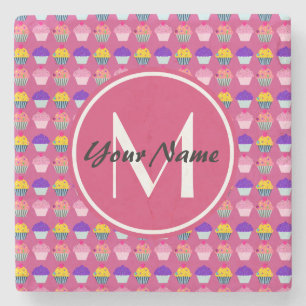 Dessous-de-verre En Pierre Cupcakes Rose Monogrammes, Nom Personnalisé