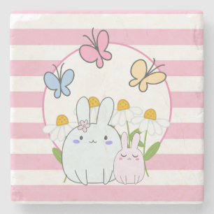 Dessous-de-verre En Pierre Cute Bunnies avec marguerites de printemps et papi