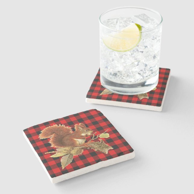 Dessous-de-verre En Pierre Cute écureuil rouge noir Buffalo Check Plaid (Côté)