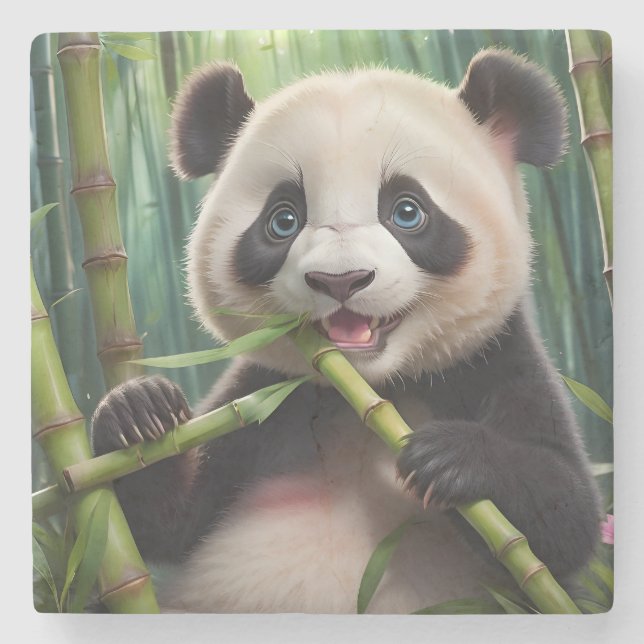 Dessous-de-verre En Pierre Cute Panda Mange Du Bambou (Devant)