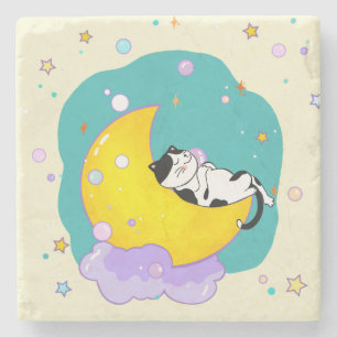 Dessous-de-verre En Pierre Cute Tuxedo Kitty Chat Dormir Sur La Lune