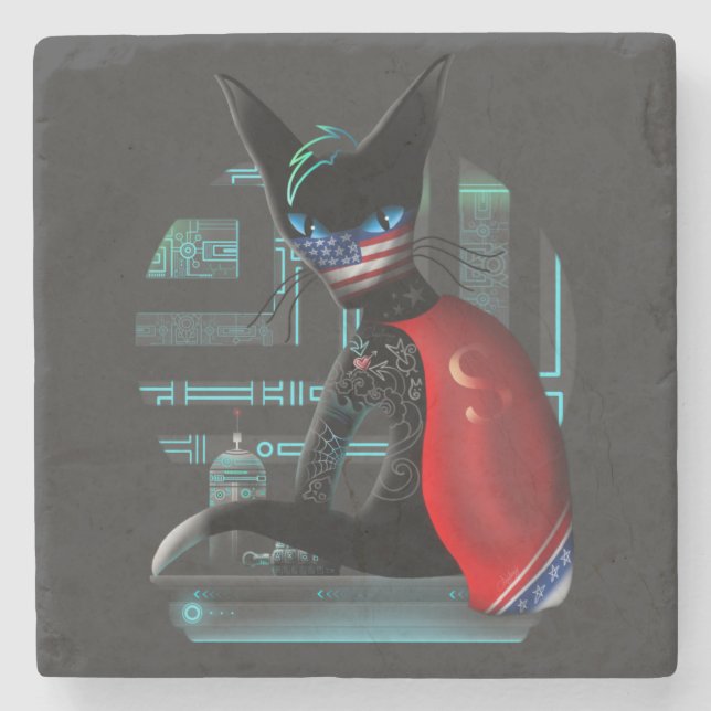 Dessous-de-verre En Pierre Cyberpunk Ninja Chat noir (Devant)