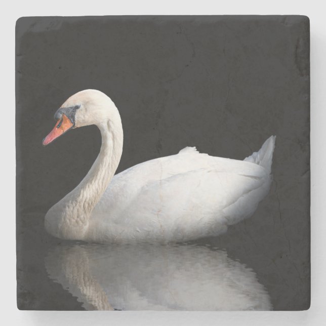 Dessous-de-verre En Pierre Cygne blanc sur noir (Devant)