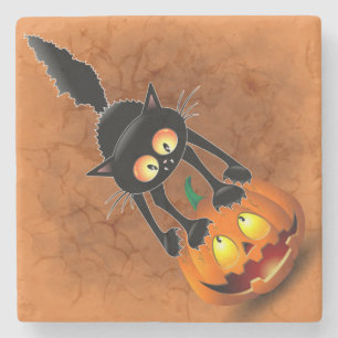 Dessous-de-verre En Pierre Dessin d'Halloween au chat effrayé sur Citrouille