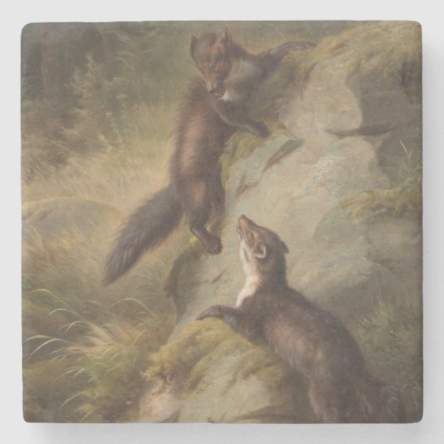 Dessous-de-verre En Pierre Deux Martens Jouer dans les bois (Devant)