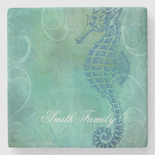 Dessous-de-verre En Pierre Eaux Bleues, Cheval de mer et Flourish (Devant)