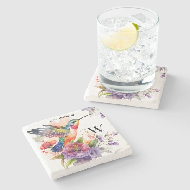 Dessous-de-verre En Pierre Élégant Aquarelle Monogramme de colibri avec nom (Côté)