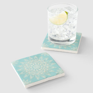 Dessous-de-verre En Pierre Elégant Blanc Gold Mandala Sky Blue Design