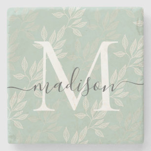 Dessous-de-verre En Pierre Élégant Feuilles botaniques Turquoises Monogramme 