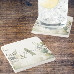 Dessous-de-verre En Pierre Élégant Fleur sauvage blanc & Monogramme vert