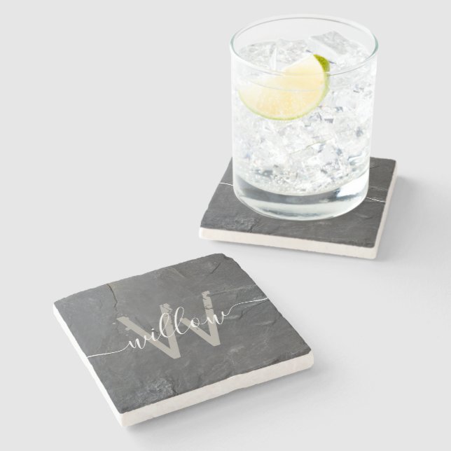 Dessous-de-verre En Pierre Élégant Gris de Charbon Stone Script Monogramme (Côté)