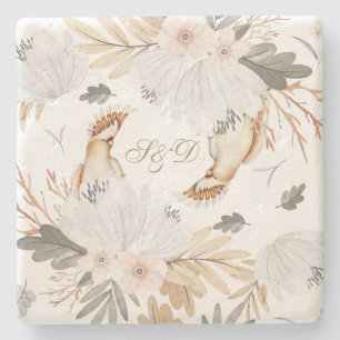 Dessous-de-verre En Pierre Élégant Monogramme Boho Aquarelle fleurs & oiseaux
