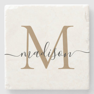 Dessous-de-verre En Pierre Élégant Monogramme noir or Nom du script féminin