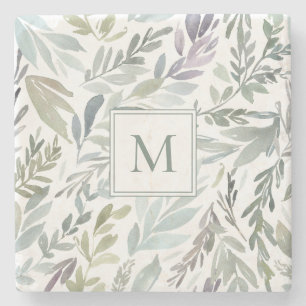 Dessous-de-verre En Pierre Elégant Monogramme Vert Bleu Aquarelle Botanique