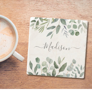 Dessous-de-verre En Pierre Élégant Monogramme Vert Feuilles Tropicales d'Euca