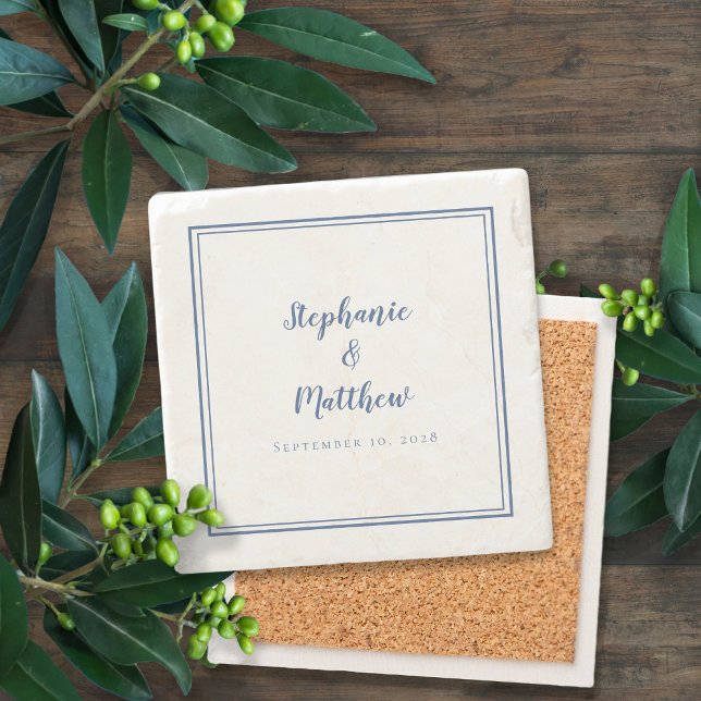 Dessous-de-verre En Pierre Élégante Mariée & Salle de mariage Personnalisée B (Elegant Wedding Marriage Anniversary Date Custom Couple Keepsake Gift Blue & White Stone Coasters )