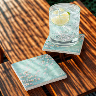 Dessous-de-verre En Pierre Élégantes Initiales Fleur de Cerisier Turquoise Ro