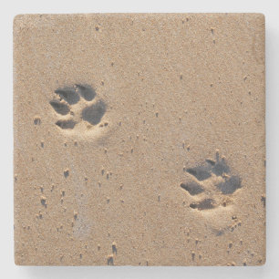 Dessous-de-verre En Pierre Empreintes de pattes de chien sur une plage de sab