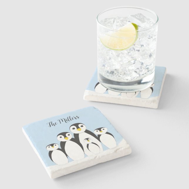 Dessous-de-verre En Pierre Famille Pingouin mignonne (Côté)
