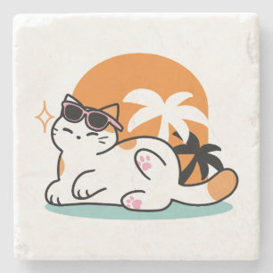 Dessous-de-verre En Pierre Feline fin au soleil - Chat Tropical relaxé