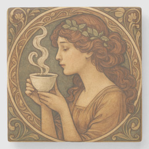 Dessous-de-verre En Pierre Femme Art Nouveau Avec Café