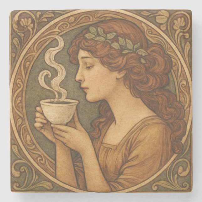 Dessous-de-verre En Pierre Femme Art Nouveau Avec Café (Devant)