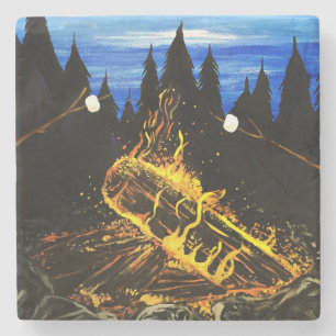 Dessous-de-verre En Pierre Feu de camp confortable Coucher de soleil Forêt Av