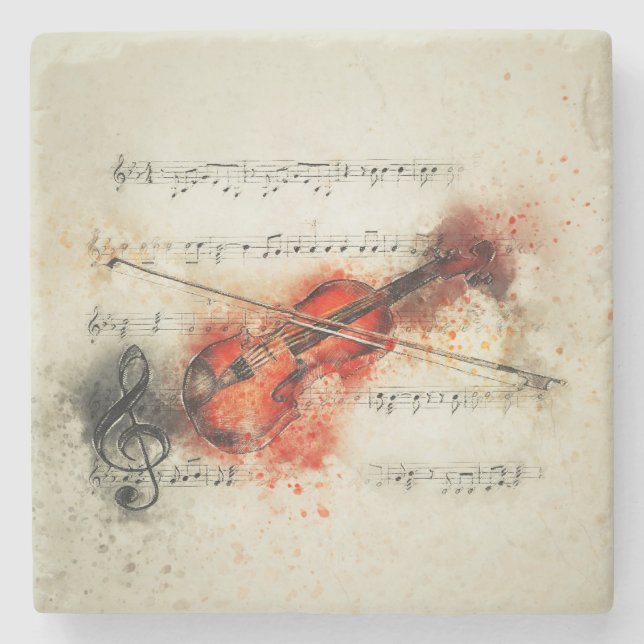 Dessous-de-verre En Pierre Feuille d'aquarelle Musique et violon (Devant)