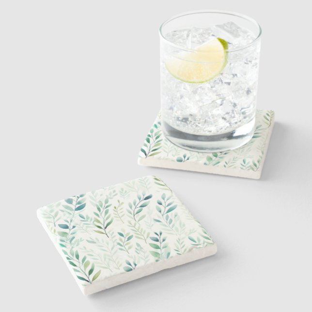 Dessous-de-verre En Pierre Feuilles blancs verts (Côté)