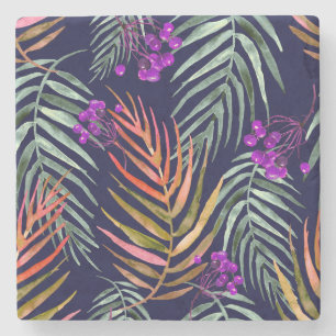 Dessous-de-verre En Pierre Feuilles d'aquarelle tropicale, éclaboussure abstr