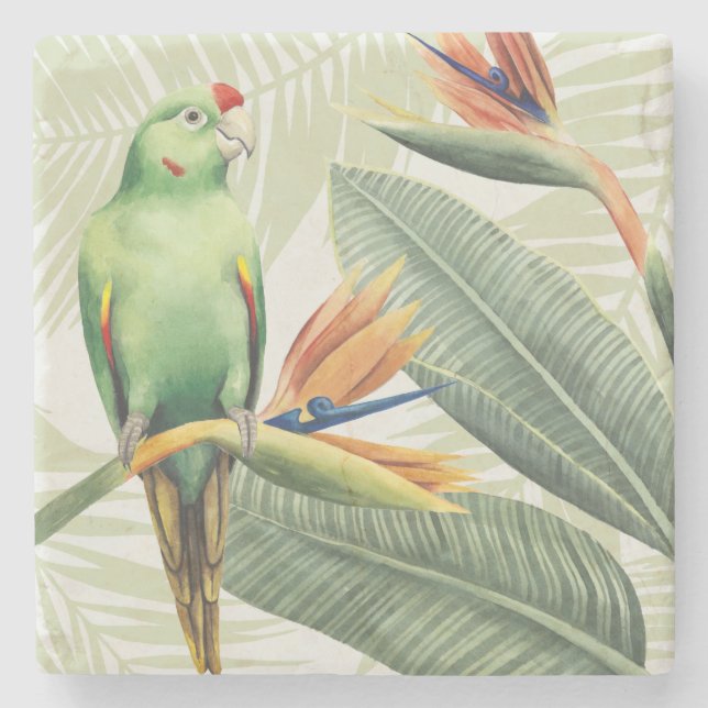 Dessous-de-verre En Pierre Feuilles de palmiers à oiseaux verts (Devant)