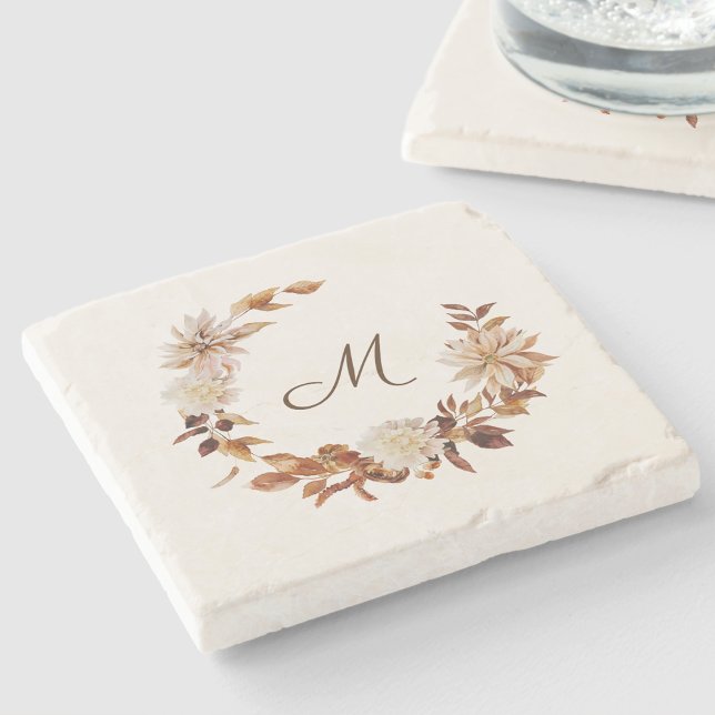 Dessous-de-verre En Pierre Feuilles Florales D'automne à l'Aquarelle Monogram (Watercolor Fall Floral Leaves Foliage Monogram Stone Coaster by Painted Paperie
)