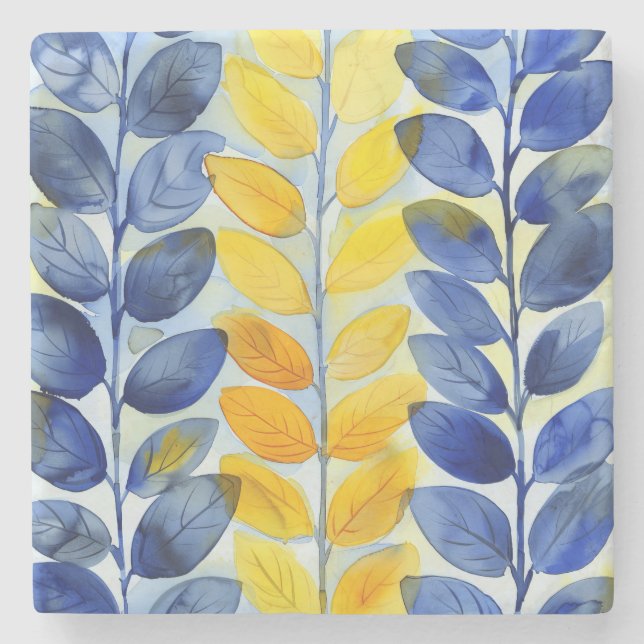 Dessous-de-verre En Pierre Feuilles jaune et bleu (Devant)