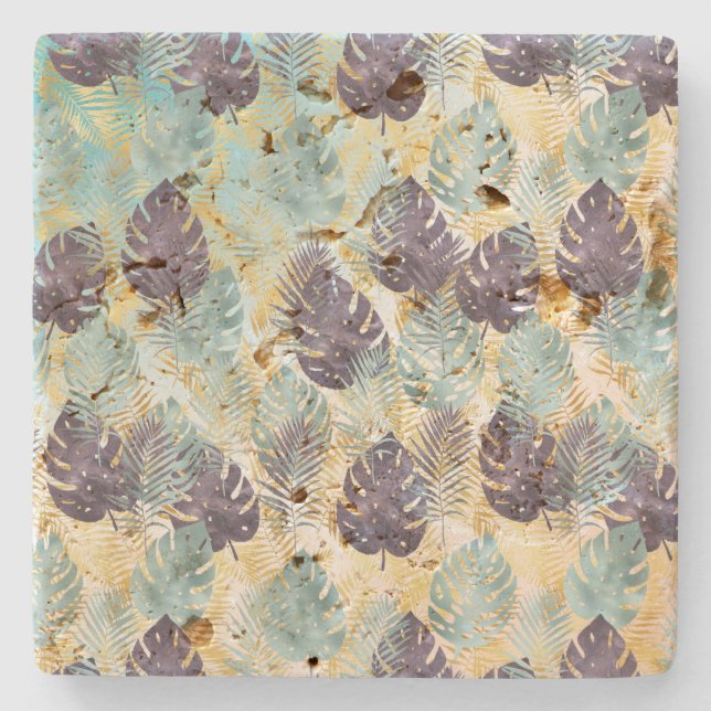Dessous-de-verre En Pierre Feuilles Tropical Purple Green Gold (Devant)