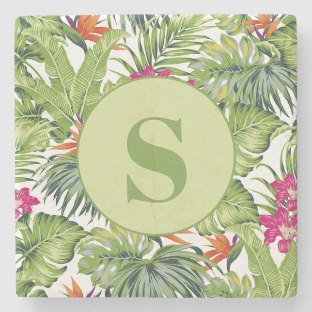 Dessous-de-verre En Pierre Feuilles tropicales vertes monogramme floral rose (Devant)