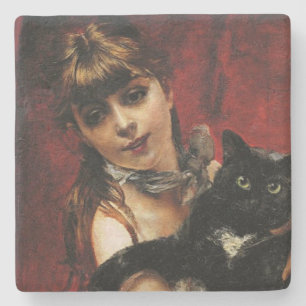 Dessous-de-verre En Pierre Fille avec un chat noir dans ses bras
