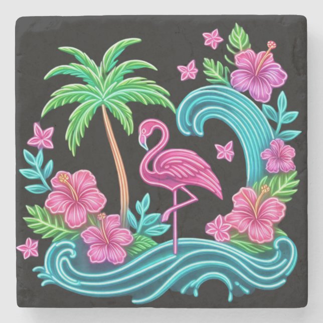 Dessous-de-verre En Pierre Flamant rose de néon tropical (Devant)