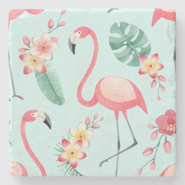 Dessous-de-verre En Pierre Flamants roses Fleurs tropicales Motif aquarelle (Devant)