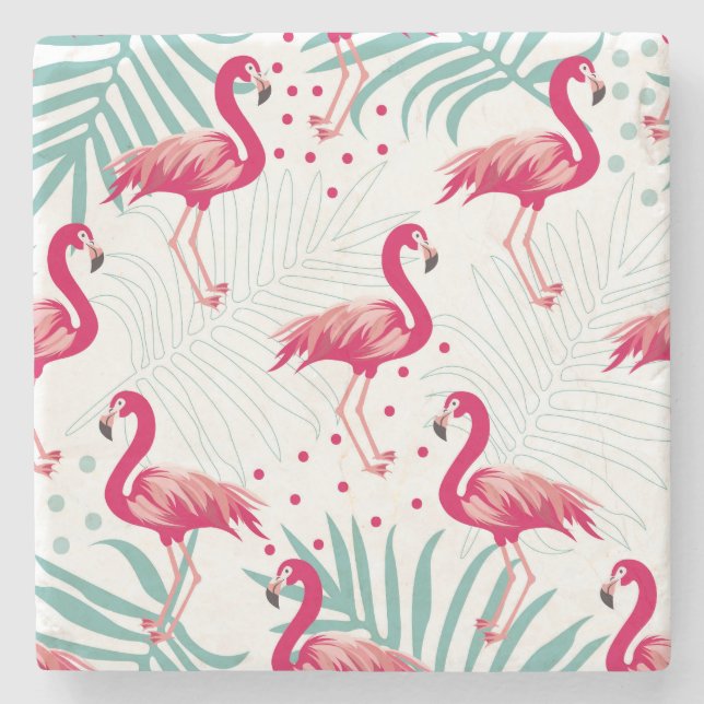 Dessous-de-verre En Pierre Flamingo tropical et feuille, motif d'été. (Devant)