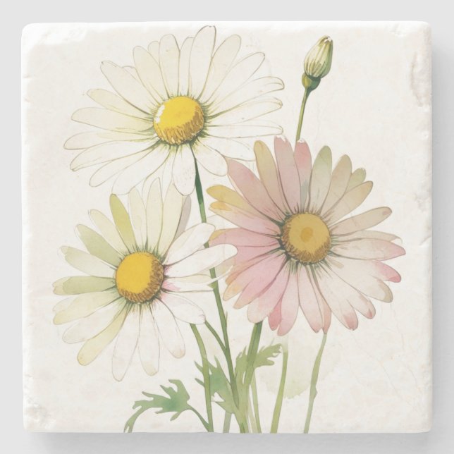 Dessous-de-verre En Pierre Fleur aquarelle Daisy Moderne Professionnel (Devant)