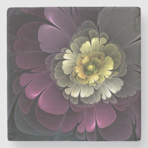 Dessous-de-verre En Pierre Fleur fractale grise et pourpre moderne abstraite