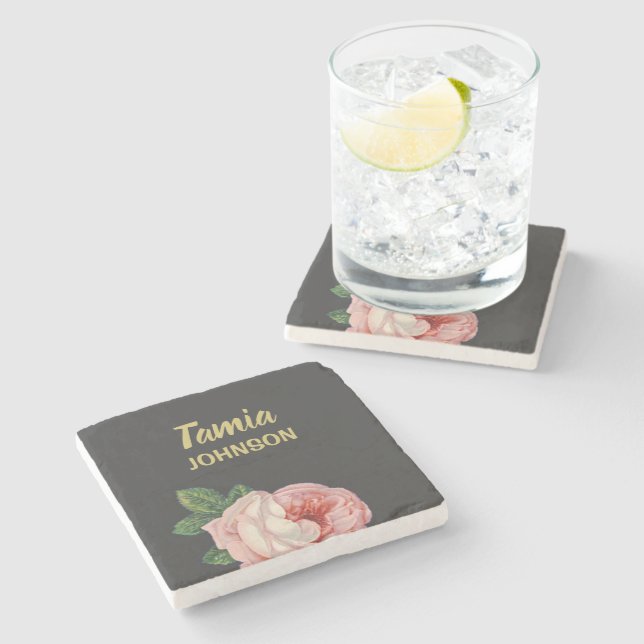 Dessous-de-verre En Pierre Fleur rose nom personnalisé gris (Côté)