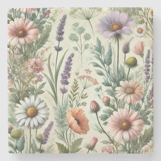 Dessous-de-verre En Pierre Fleur sauvage Aquarelle Design Printemps & Été (Devant)