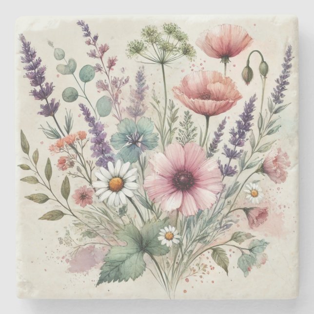 Dessous-de-verre En Pierre Fleur sauvage Aquarelle Design Printemps & Été (Devant)