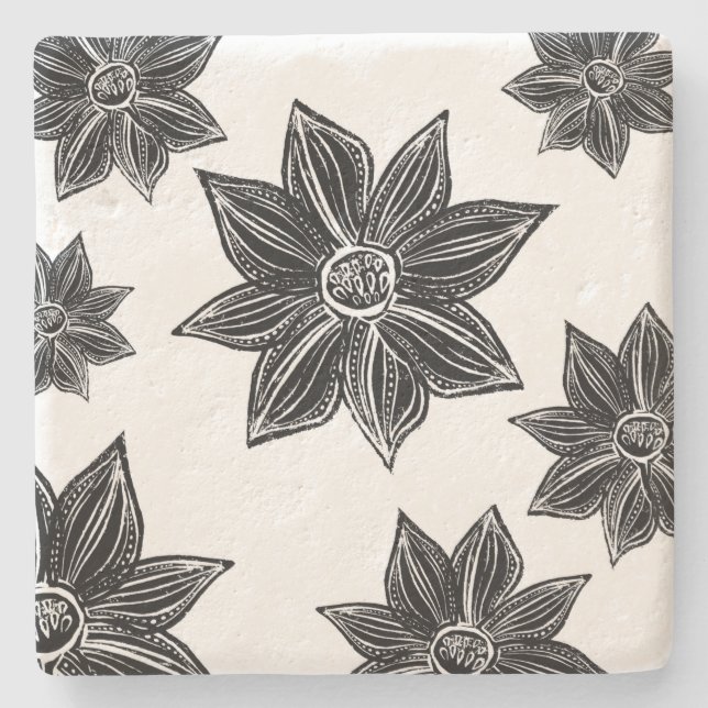 Dessous-de-verre En Pierre Fleur tropicale noir et blanc (Devant)