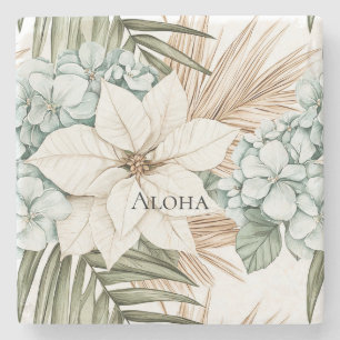 Dessous-de-verre En Pierre Fleurs blanches bleues tropicales